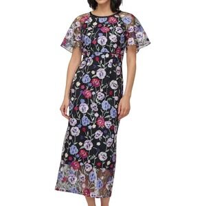 JS Collections Embroidered Floral Mesh Cocktail Dress Black Multi NWT